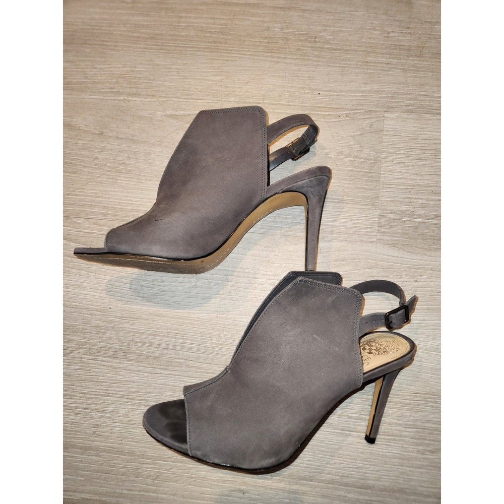 Vince Camuto Cantina Grey Suede Peep Toe Slingback Stiletto Heels 10M Luxury - Picture 6 of 9